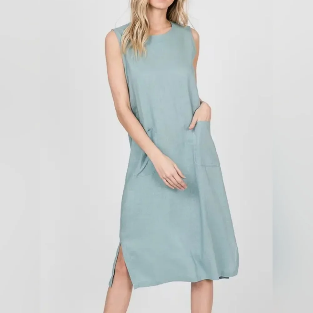#36 SALE 🛑28 S,M,L FINAL PRICE Linen Blend Front Pockets Sleeveless Midi Dress - Picture 6 of 14
